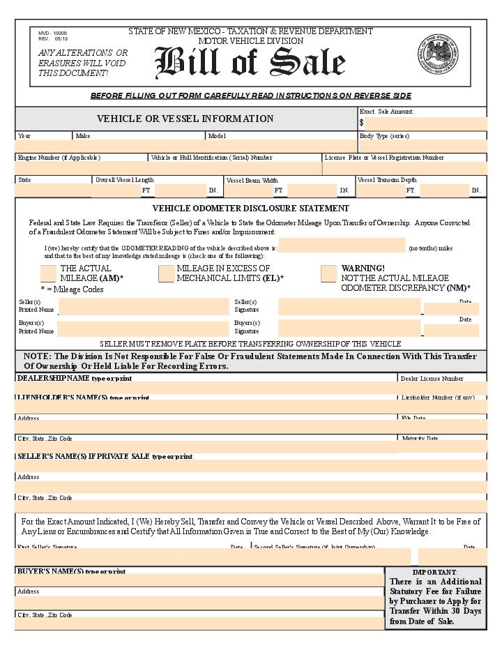 New Mexico Motor Vehicles Bill of Sale 