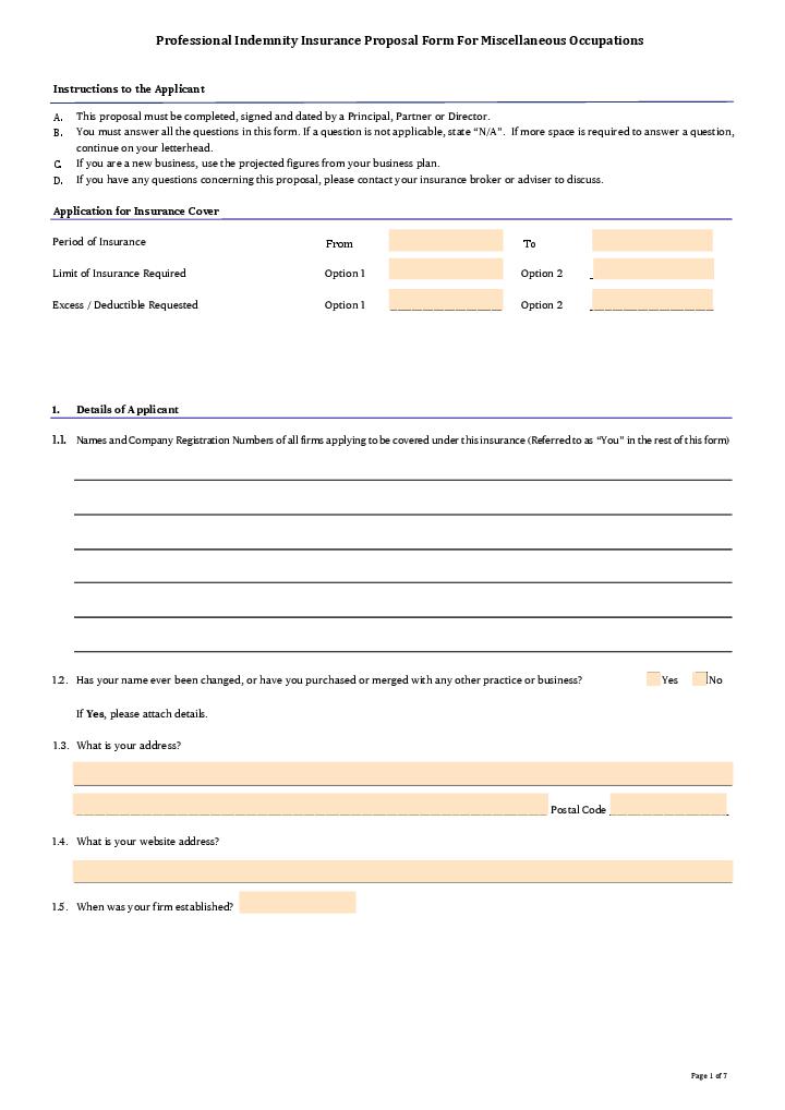 Professional Indemnity Insurance Proposal Form For Miscellaneous Occupations   