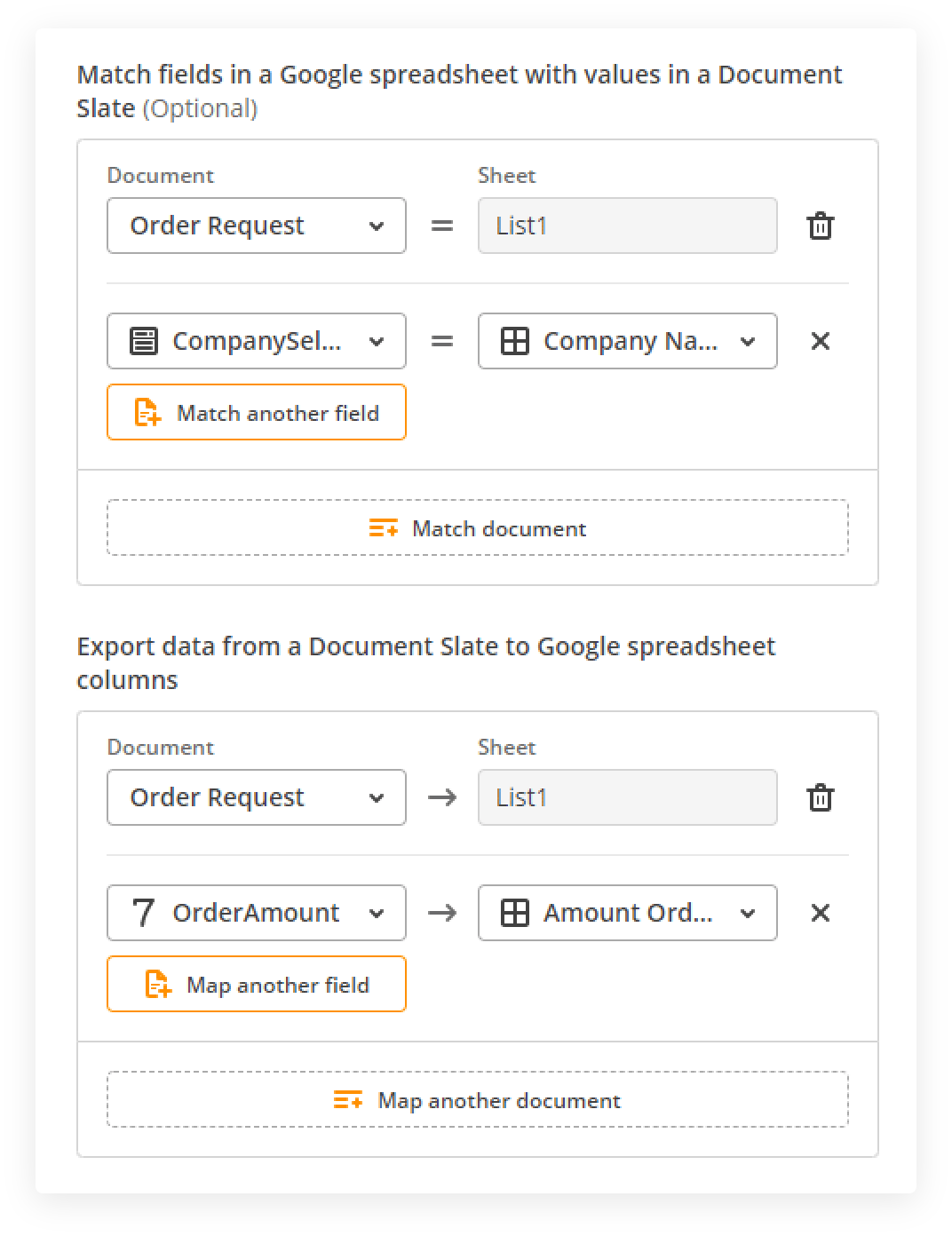 Match fields for Export to Google Sheets Bot in airSlate