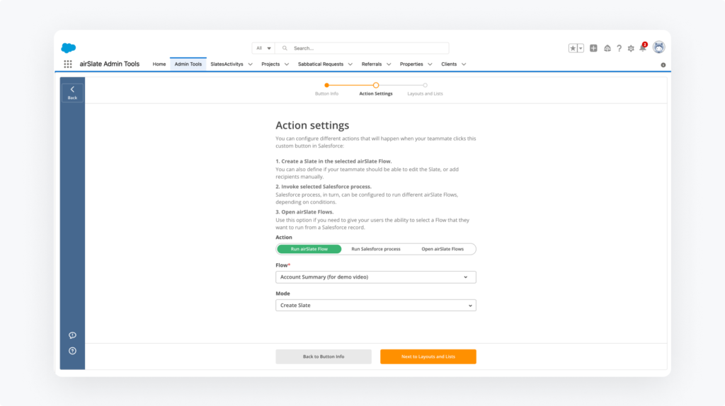 airSlate for Salesforce integration -- Action settings