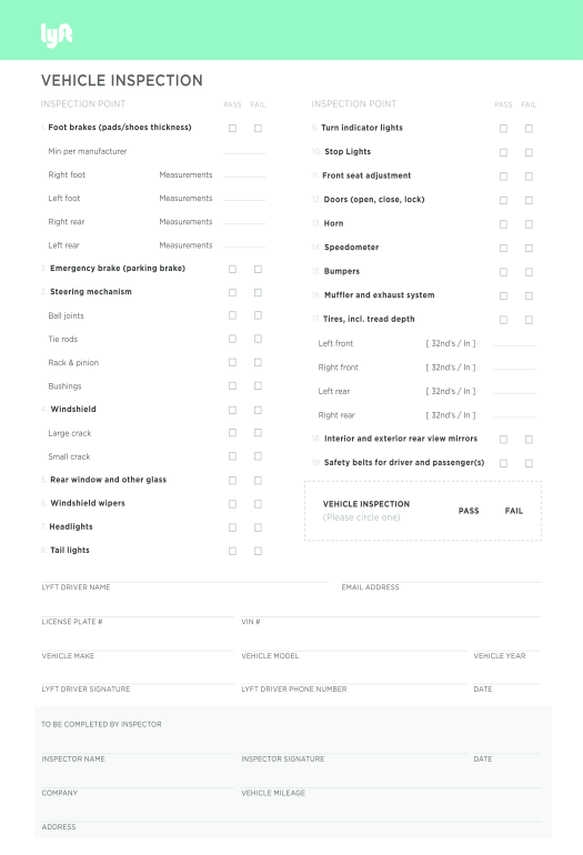 Manage vehicle inspection sheet for lyft Hide Signatures Bot