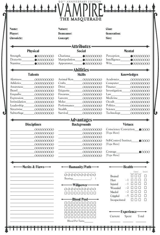 Vampire 2nd Edition Character Sheet - Fill and Sign Printable