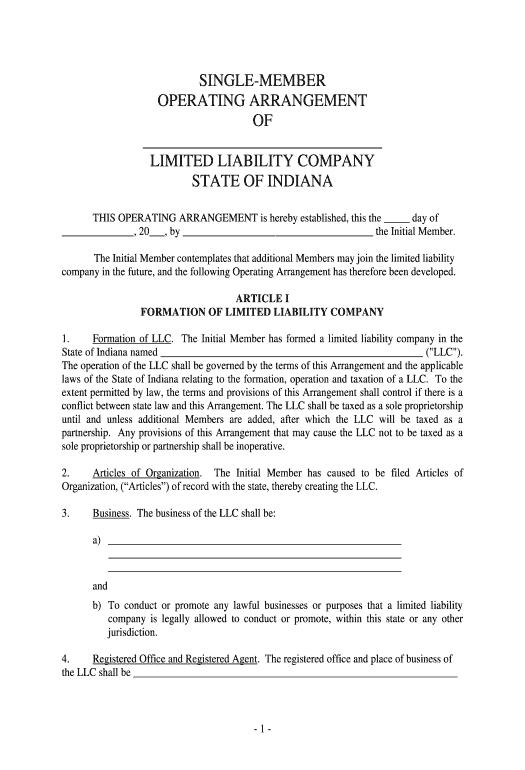 Incorporate Indiana Single Member Limited Liability Company LLC Operating Agreement