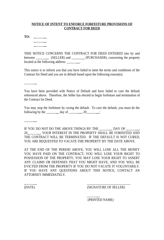 Pre-fill Notice of Intent to Enforce Forfeiture Provisions of Contact for Deed - Connecticut Pre-fill from Office 365 Excel Bot