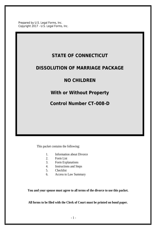 Automate No-Fault Agreed Uncontested Divorce Package for Dissolution of Marriage for Persons with No Children with or without Property and Debts - Connecticut Box Bot