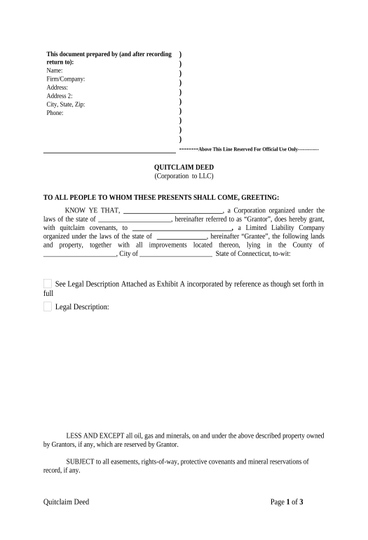 Update Quitclaim Deed from Corporation to LLC - Connecticut Basecamp Create New Project Site Bot
