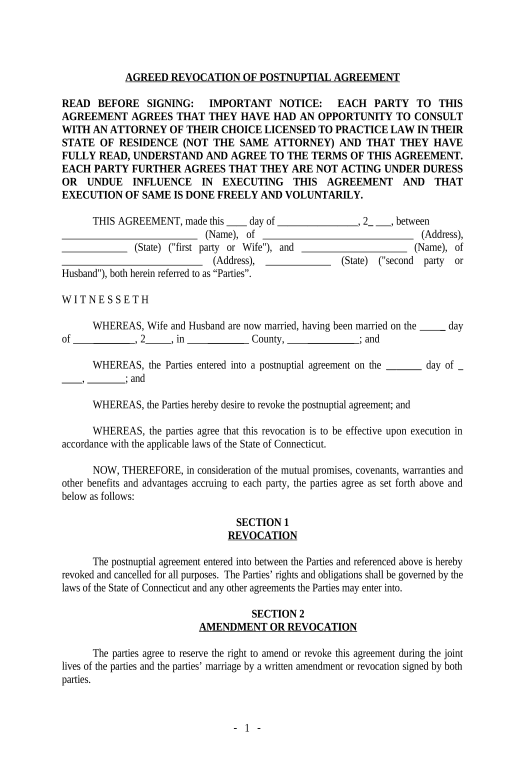 Update Revocation of Postnuptial Property Agreement - Connecticut - Connecticut Rename Slate document Bot