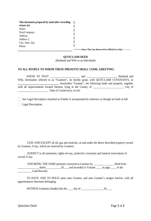 Update Quitclaim Deed from Husband and Wife to an Individual - Connecticut Set signature type Bot