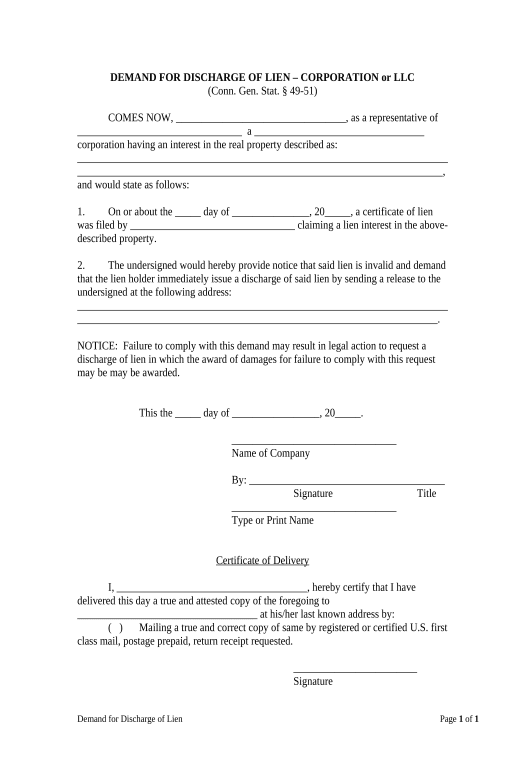 Export Demand for Discharge by Corporation or LLC - Connecticut Pre-fill from Salesforce Record Bot