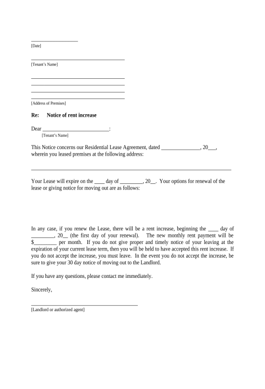 Pre-fill Letter from Landlord to Tenant about Intent to increase rent and effective date of rental increase - Connecticut Pre-fill from Smartsheet Bot