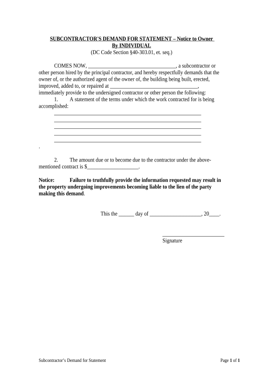 Manage Subcontractor's Demand for Statement and Notice to Owner - Individual - District of Columbia Pre-fill Document Bot