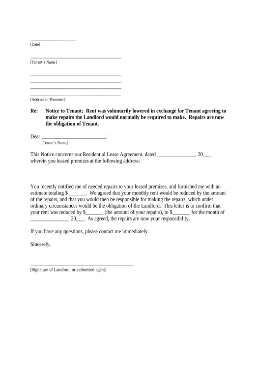 Pre-fill Letter from Landlord to Tenant as Notice that rent was voluntarily lowered in exchange for tenant agreeing to make repairs normally required of landlord - District of Columbia Pre-fill from CSV File Bot