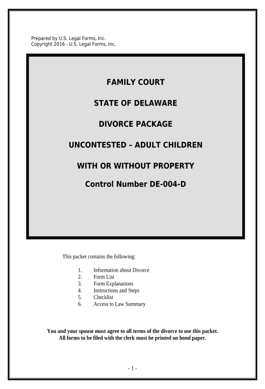Archive No-Fault Uncontested Agreed Divorce Package for Dissolution of Marriage with Adult Children and with or without Property and Debts - Delaware