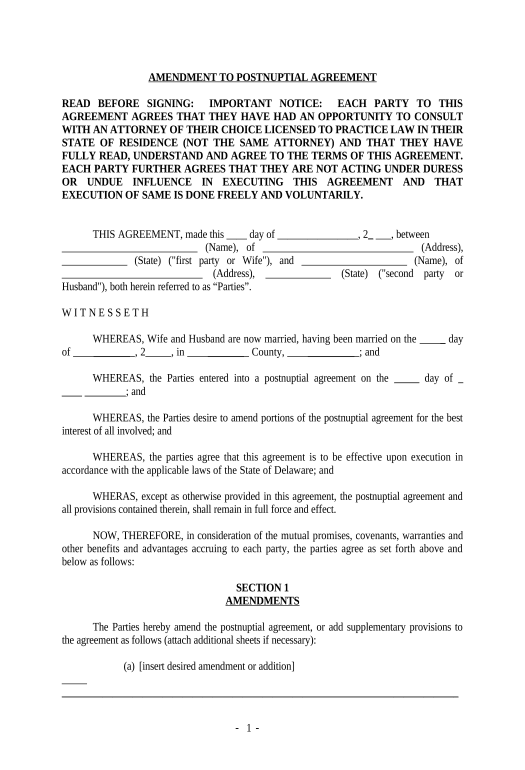 Archive Amendment to Postnuptial Property Agreement - Delaware - Delaware Google Drive Bot