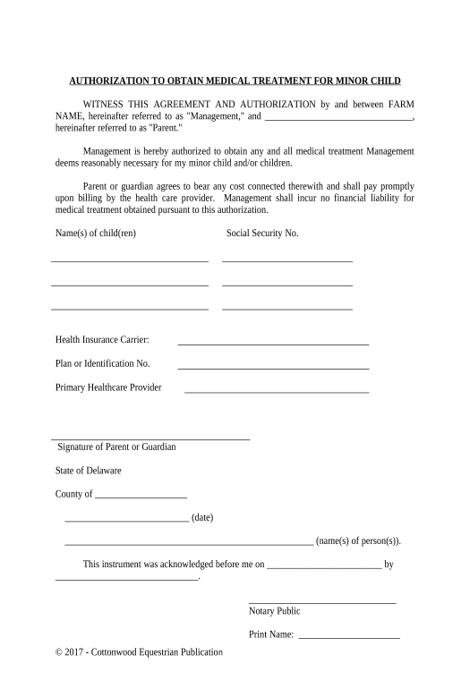 Arrange Authorization To Obtain Medical Treatment For Minor Child - Horse Equine Forms - Delaware Pre-fill Document Bot