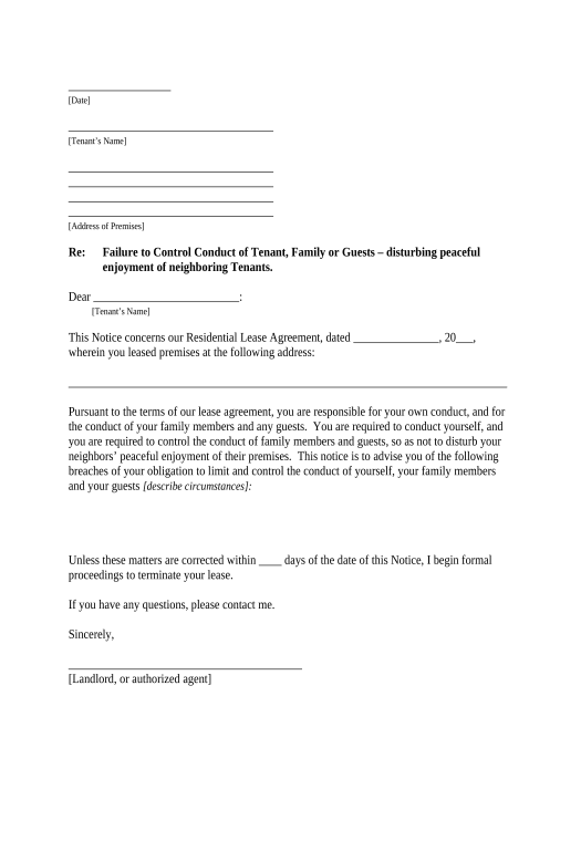 Pre-fill Letter from Landlord to Tenant as Notice to Tenant of Tenant's Disturbance of Neighbors' Peaceful Enjoyment to Remedy or Lease Terminates - Delaware Email Notification Bot