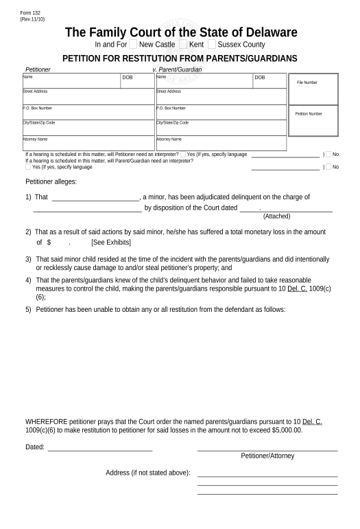 Manage Petition for Restitution from Parents / Guardians - Delaware Pre-fill from CSV File Dropdown Options Bot