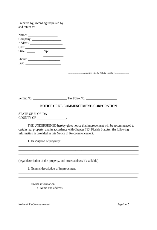 Pre-fill Notice Of Recommencement Form - Construction - Mechanic Liens - Corporation or LLC - Florida Pre-fill from CSV File Bot