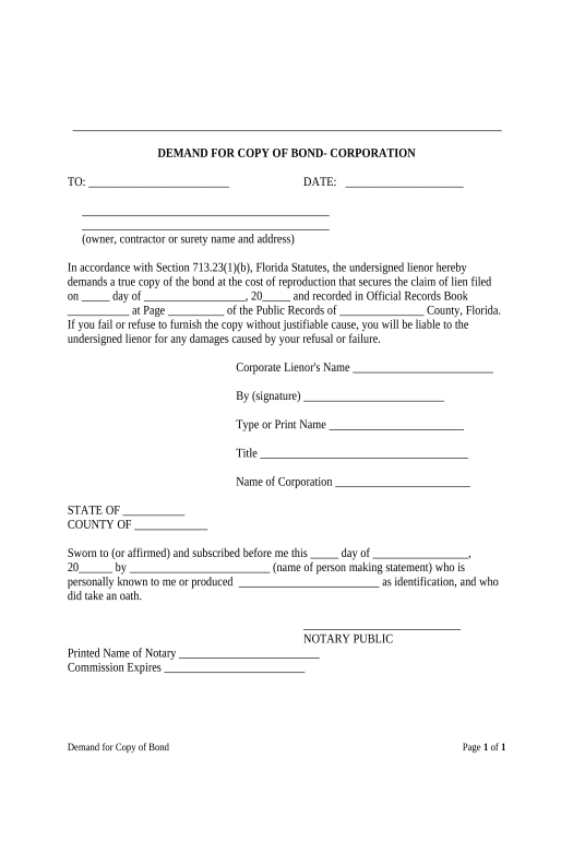 Archive Demand for Copy of Bond - Corporation or LLC - Florida Rename Slate document Bot