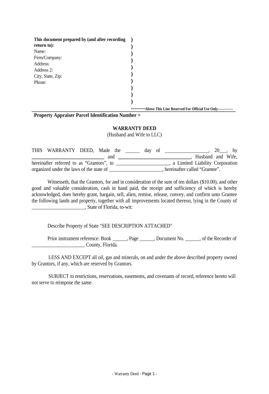 Extract Warranty Deed from Husband and Wife to LLC - Florida Pre-fill Document Bot