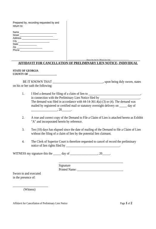 Extract Affidavit in Support of Cancellation of Preliminary Lien after Notice to File Claim of Lien - Individual - Georgia Mailchimp add recipient to audience Bot