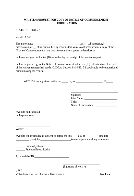 Update Written Request for Copy of Notice of Commencement - Corporation or LLC - Georgia