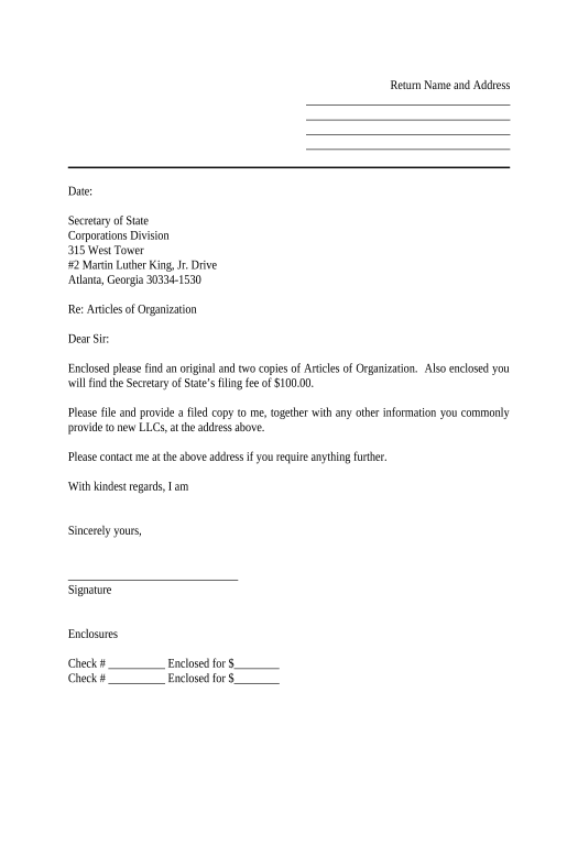 Synchronize Sample Cover Letter for Filing of LLC Articles or Certificate with Secretary of State - Georgia Export to Excel 365 Bot