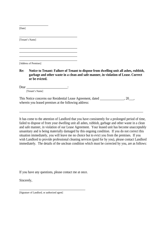 Export Letter from Landlord to Tenant for Failure of to dispose all ashes, rubbish, garbage or other waste in a clean and safe manner in compliance with community rules - Hawaii Pre-fill from Google Sheet Dropdown Options Bot