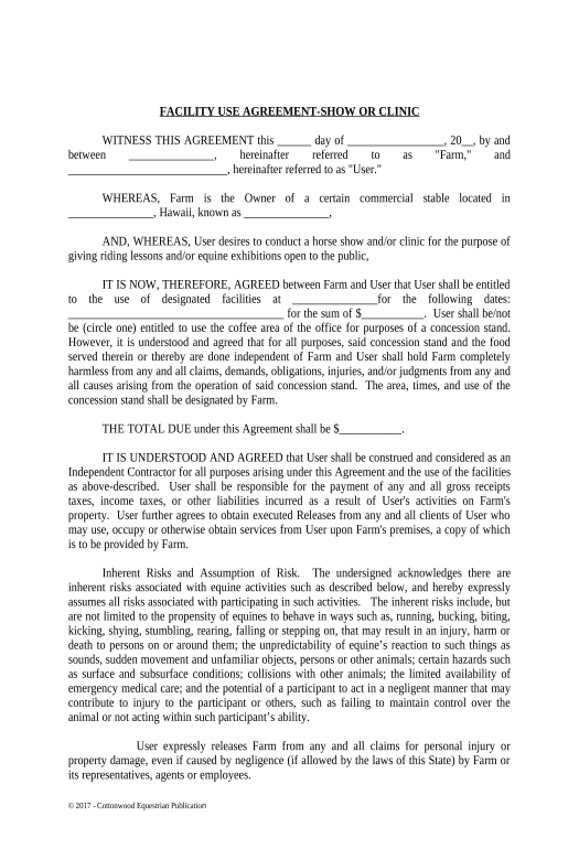 Export Facility Release Agreement - Show Or Clinic - Horse Equine Forms - Hawaii MS Teams Notification upon Completion Bot