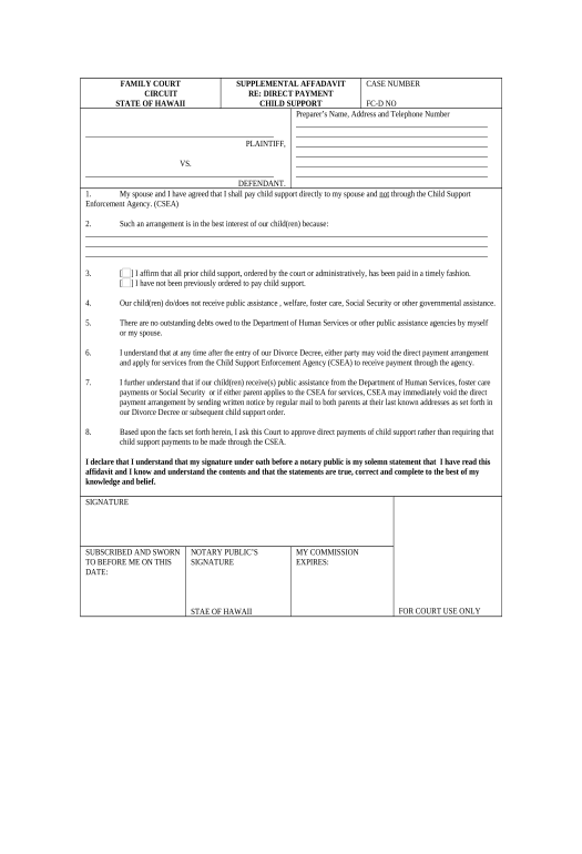 Export Supplemental Affidavit regarding Direct Payment Child Support - Hawaii Pre-fill Document Bot