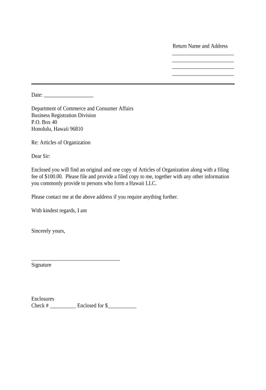 Archive Sample Cover Letter for Filing of LLC Articles or Certificate with Secretary of State - Hawaii Export to MySQL Bot