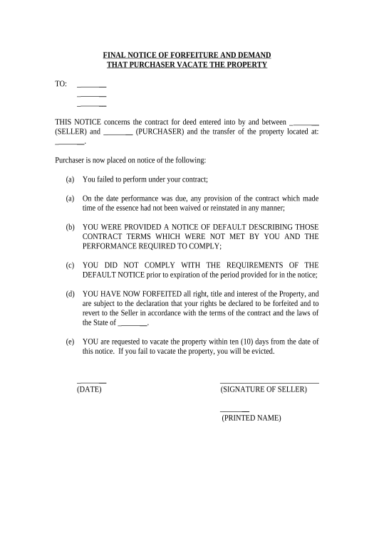 Pre-fill Final Notice of Forfeiture and Request to Vacate Property under Contract for Deed - Iowa Pre-fill from Smartsheet Bot