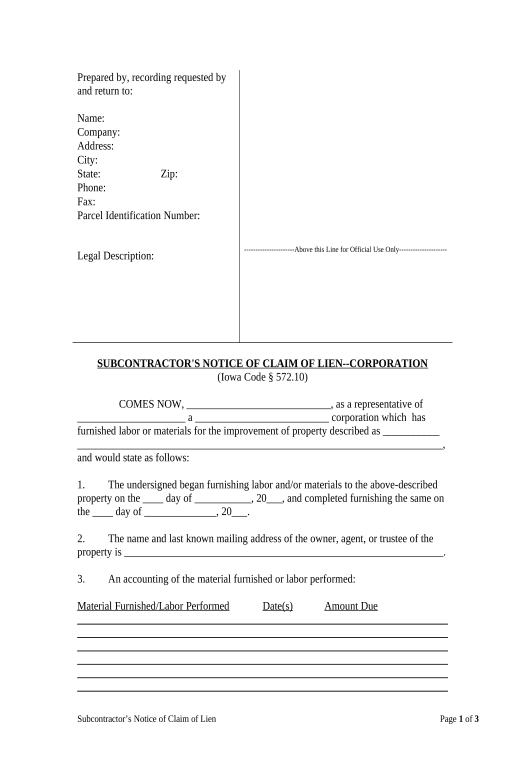 Integrate Notice of Claim of Lien by Corporation or LLC - Iowa Pre-fill Document Bot