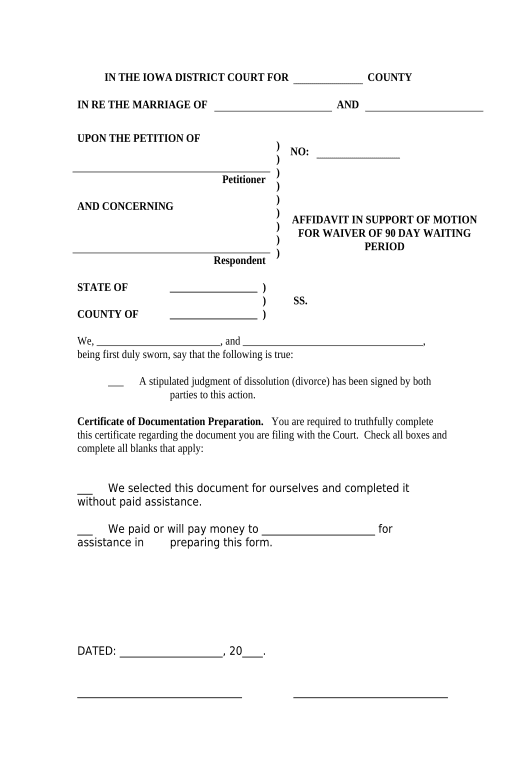Export Affidavit in Support of Motion for Waiver of 90 Day Waiting Period - Iowa Pre-fill Document Bot