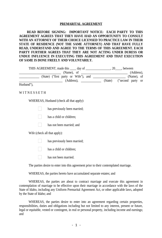 Incorporate Idaho Prenuptial Premarital Agreement - Uniform Premarital Agreement Act - with Financial Statements - Idaho Pre-fill from MySQL Bot