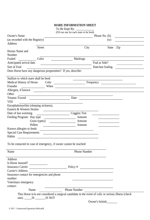 Arrange Mare Information Sheet - Horse Equine Forms - Idaho Pre-fill Document Bot