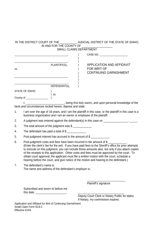 Incorporate Application and Affidavit for Writ of Continuing Garnishment - Idaho Remove Slate Bot