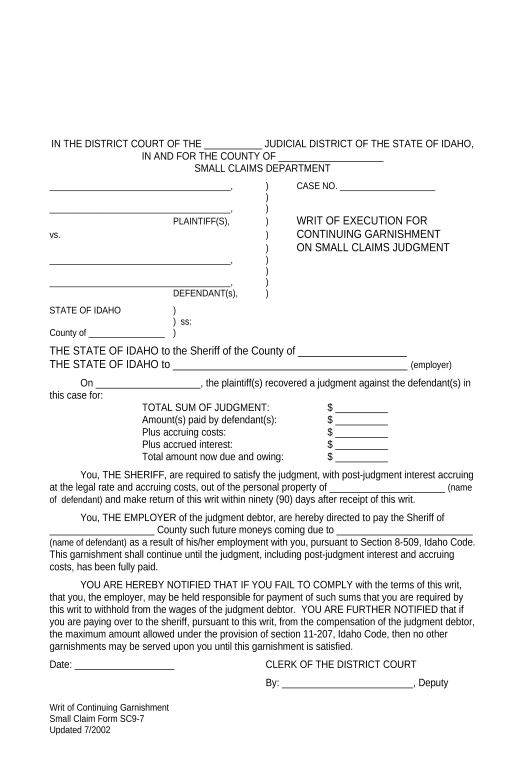 Archive Writ of Continuing Garnishment on Small Claims Judgment - Idaho Pre-fill from Salesforce Records with SOQL Bot