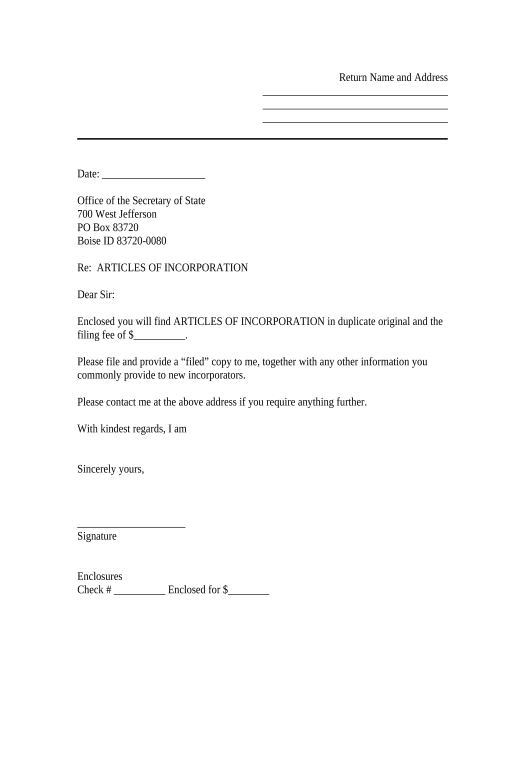 Extract Sample Transmittal Letter to Secretary of State's Office to File Articles of Incorporation - Idaho - Idaho Jira Bot