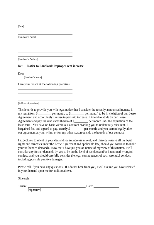 Incorporate Letter from Tenant to Landlord containing Notice to landlord to withdraw improper rent increase during lease - Illinois Unassign Role Bot
