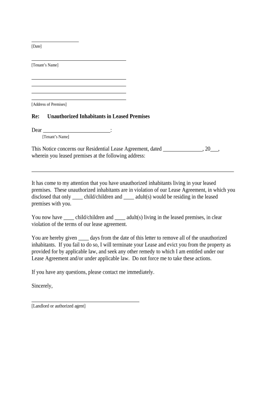 Pre-fill Letter from Landlord to Tenant as Notice to remove unauthorized inhabitants - Illinois