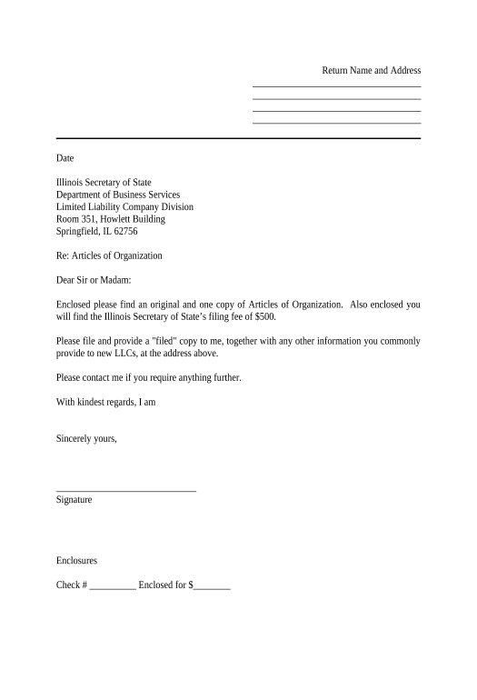Integrate Sample Cover Letter for Filing of LLC Articles or Certificate with Secretary of State - Illinois MS Teams Notification upon Completion Bot