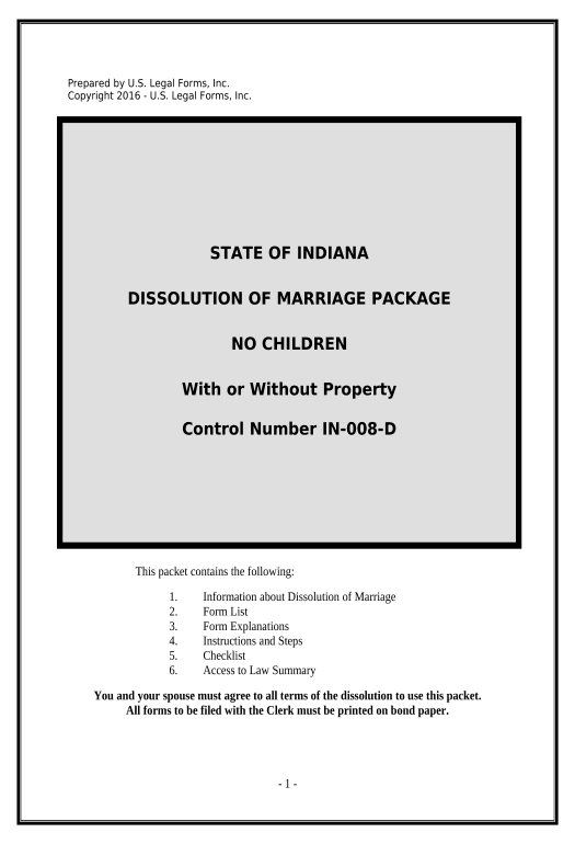 Manage No-Fault Agreed Uncontested Divorce Package for Dissolution of Marriage for Persons with No Children with or without Property and Debts - Indiana Set signature type Bot