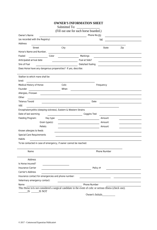 Export Owner's Information Sheet - Horse Equine Forms - Indiana