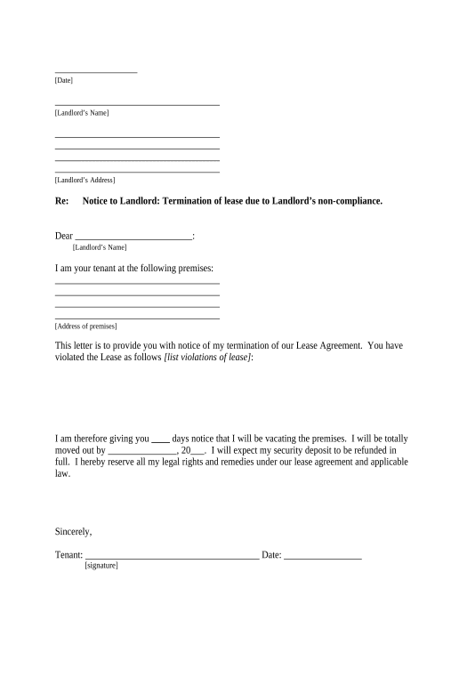 Export Letter from Tenant to Landlord containing Notice of termination for landlord's noncompliance with possibility to cure - Indiana Pre-fill from Smartsheet Bot