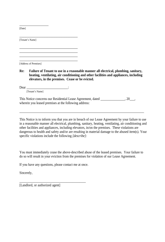 Manage Letter from Landlord to Tenant for Failure to use electrical, plumbing, sanitary, heating, ventilating, air conditioning and other facilities in a reasonable manner - Indiana Export to Excel 365 Bot