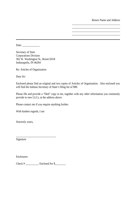 Update Sample Cover Letter for Filing of LLC Articles or Certificate with Secretary of State - Indiana Archive to SharePoint Folder Bot
