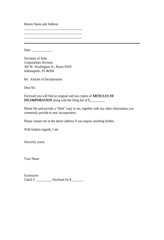 Archive Sample Transmittal Letter for Articles of Incorporation - Indiana Rename Slate document Bot
