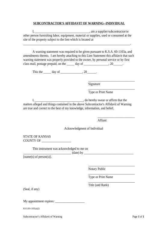 Pre-fill Subcontractor's Affidavit of Warning - Individual - Kansas Pre-fill from Google Sheets Bot