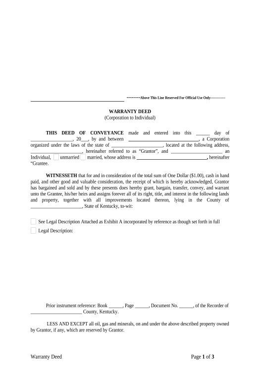 Pre-fill Warranty Deed from Corporation to Individual - Kentucky Text Message Notification Bot